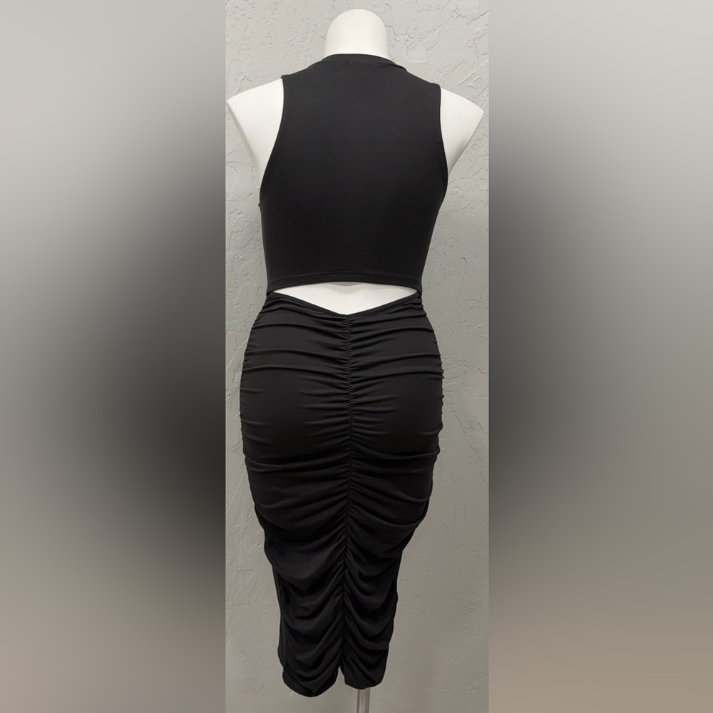 Fashion Nova Black Bodycon Midi Dress Open Back Ruched Club Party Dress Large - Picture 2 of 3